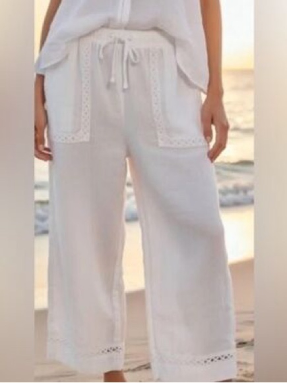 Joie White Linen Wide-Leg Drawstring Pants medium